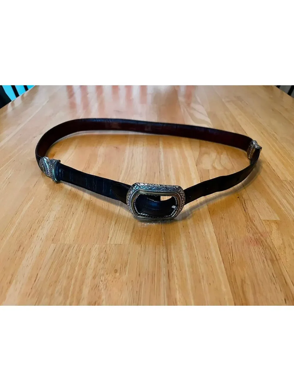 Vintage Brighton Western Black Leather Croc Embossed Belt Silver Buckle Cowgirl